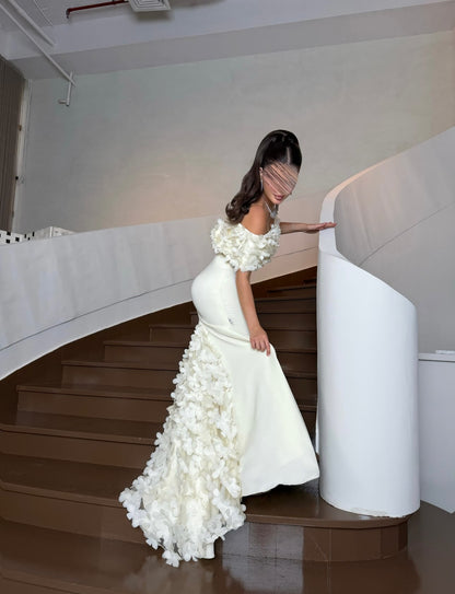 Off-the-Shoulder 3D Floral Crepe Evening Gown