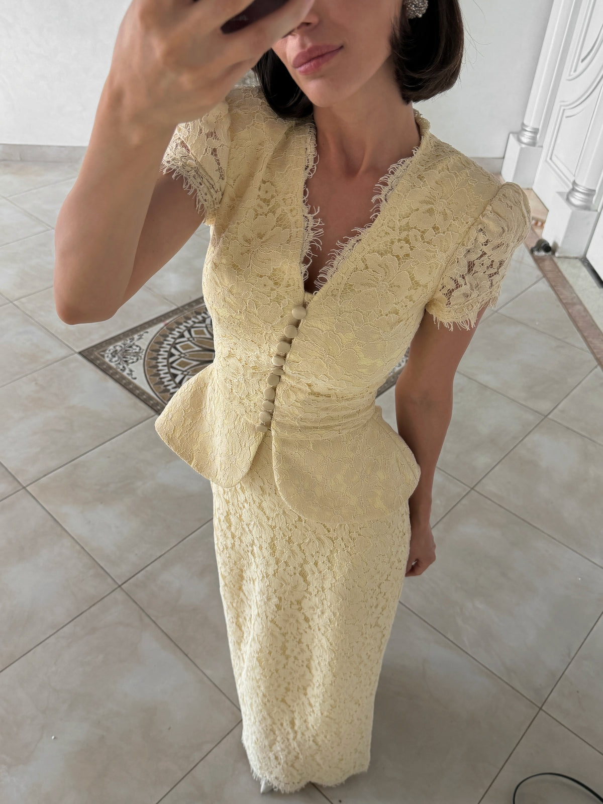 Lace Peplum Midi Dress with Puff Sleeves
