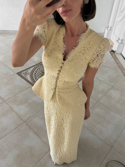 Lace Peplum Midi Dress with Puff Sleeves