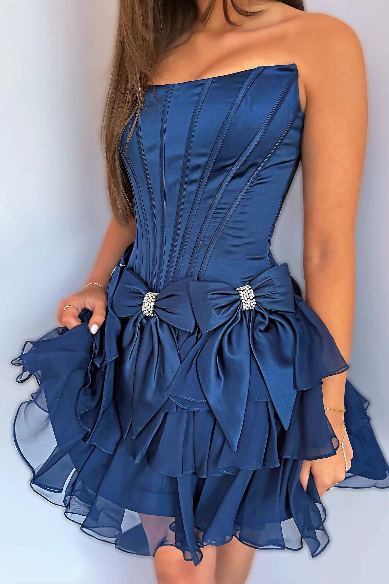 Strapless Corset Mini Dress with Bows and Ruffles