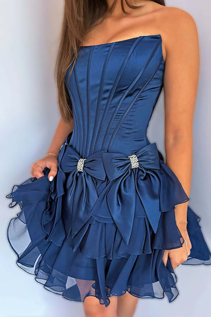 Strapless Corset Mini Dress with Bows and Ruffles