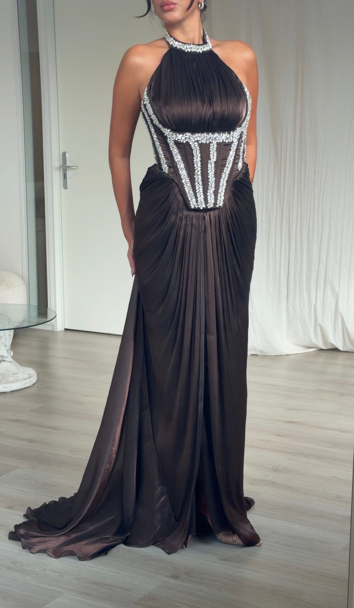Halter Corset Evening Gown with Crystal Accents