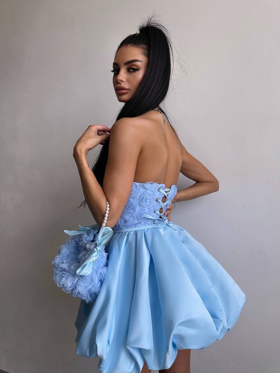 Strapless Rosette Corset Bubble Mini Dress