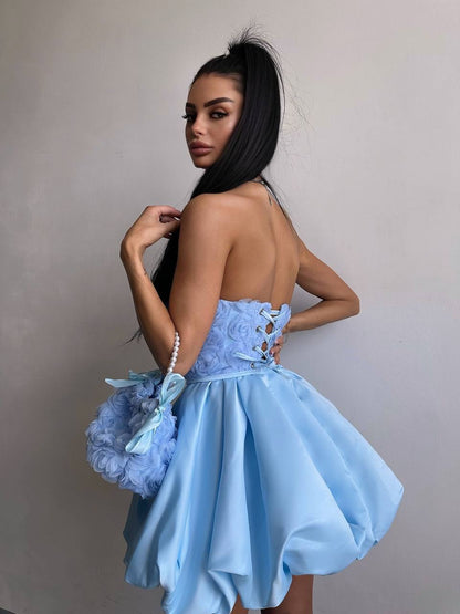 Strapless Rosette Corset Bubble Mini Dress