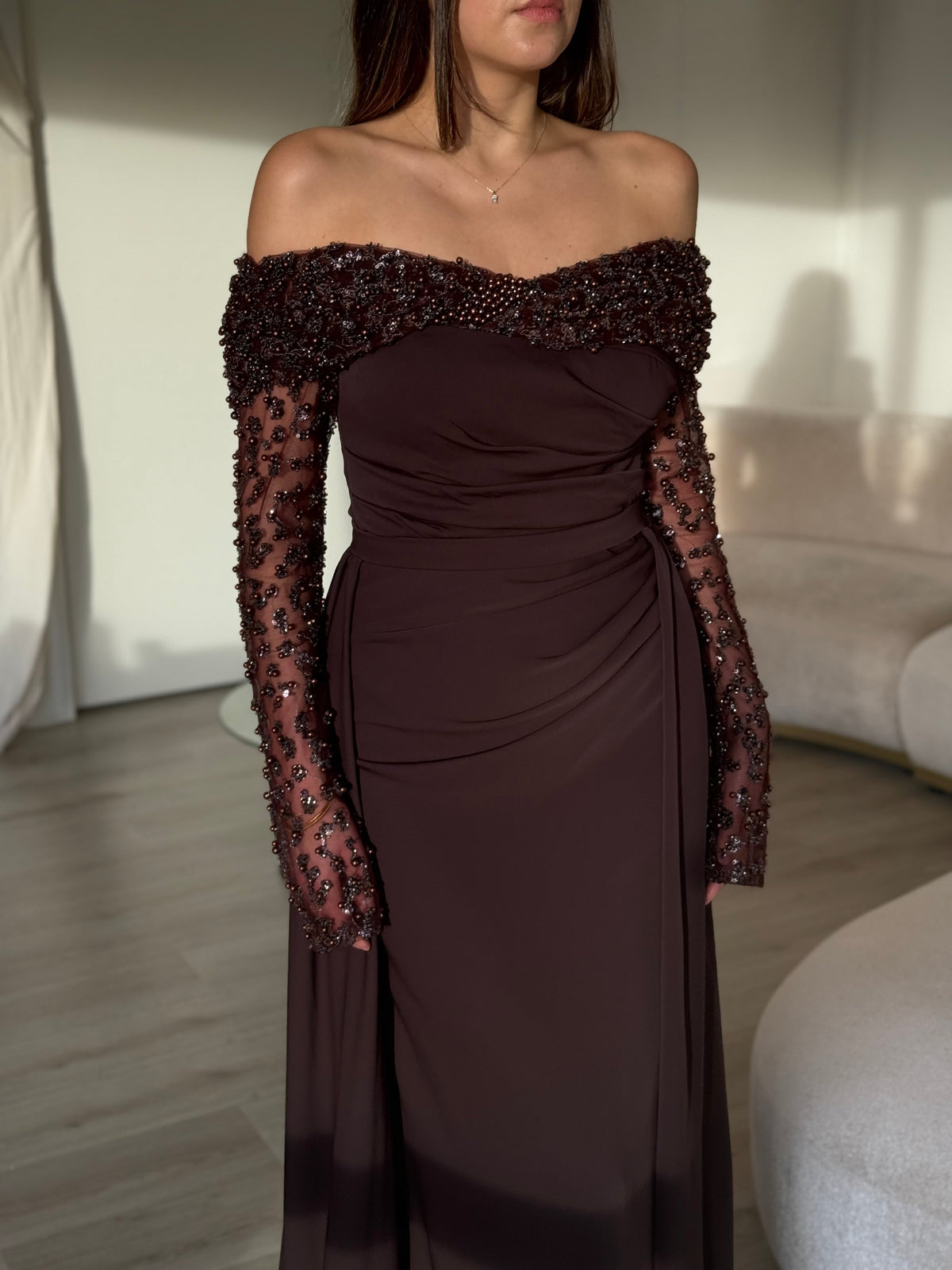 Off-the-Shoulder Beaded Long Sleeve Gown