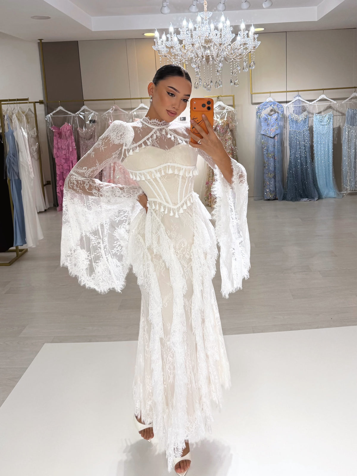 Lace Maxi Dress with Bell Sleeves and Corset
