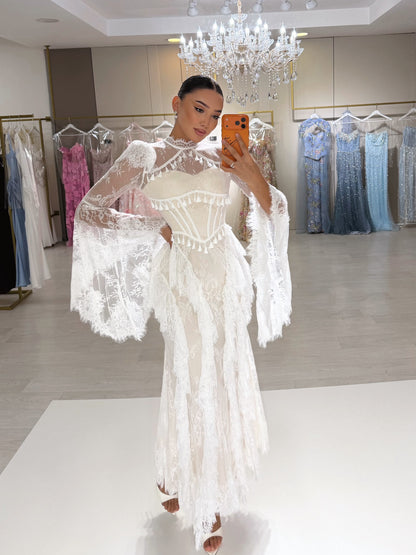 Lace Maxi Dress with Bell Sleeves and Corset