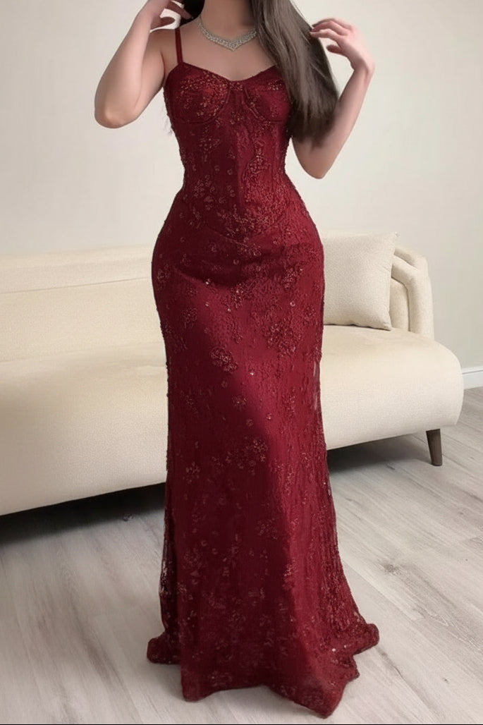Corset Lace Evening Gown with Spaghetti Straps
