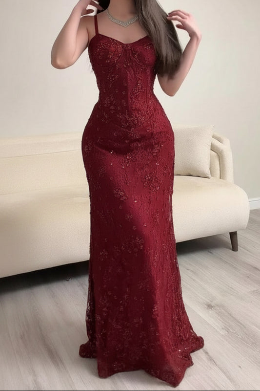 Corset Lace Evening Gown with Spaghetti Straps