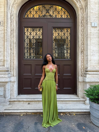 Halter Neckline Pleated Maxi Dress with Corset Bodice