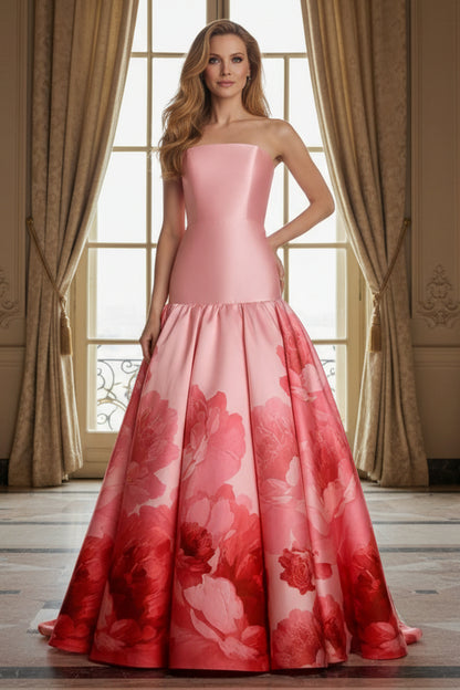 Strapless Floral Print Drop-Waist Ball Gown