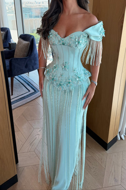 Off-the-Shoulder Corset Gown with Beaded Fringe