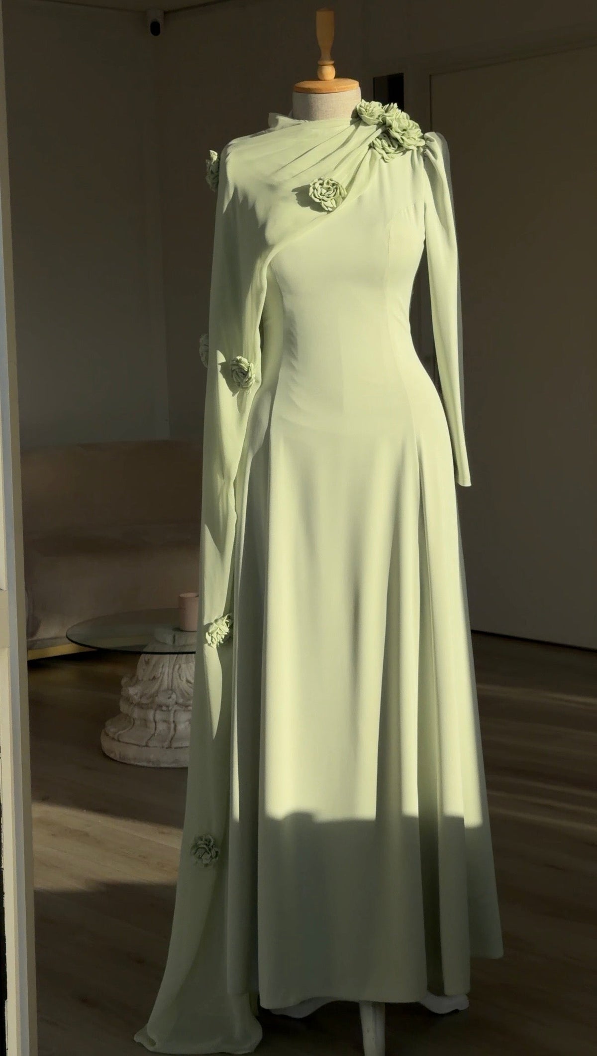 High-Neck Maxi Gown with Draped Rosette Cape