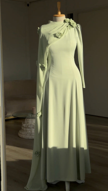 High-Neck Maxi Gown with Draped Rosette Cape