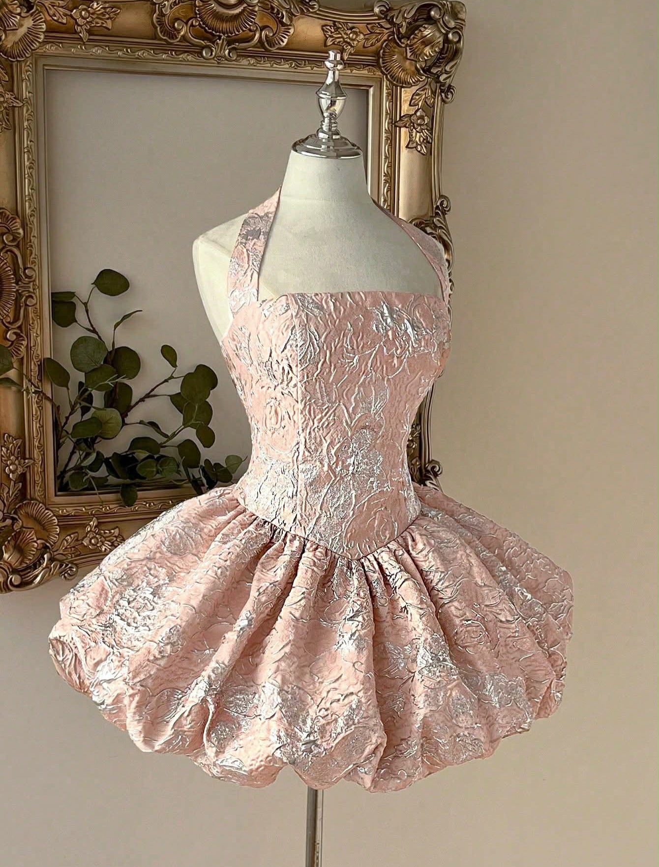 Metallic Jacquard Halter Mini Dress with Bubble Skirt