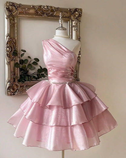One-Shoulder Tiered Organza Mini Dress