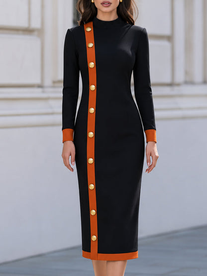 Mock Neck Midi Dress with Button Trim