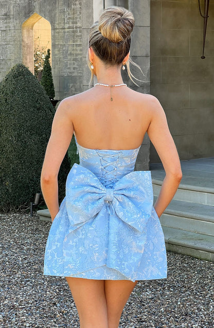 Strapless Jacquard Corset Mini Dress with Bow