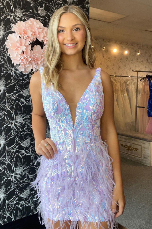 Iridescent Sequin Plunging Open Back Feather Dress
