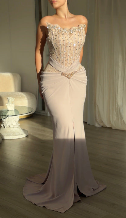 Strapless Beaded Corset Gown with Draped Slit Skirt