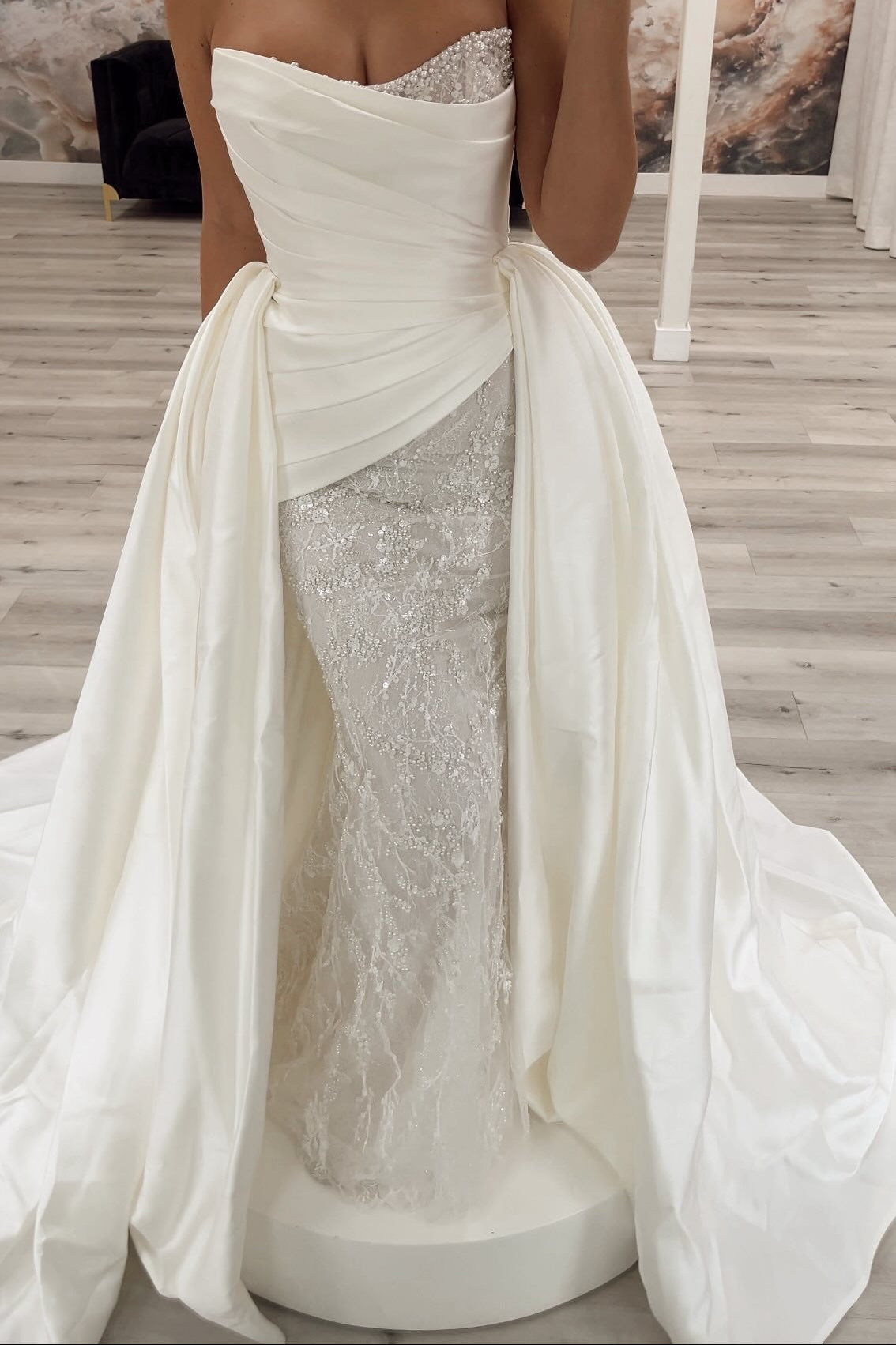 Pleated Satin Bridal Gown with Embellished Lace Skirt