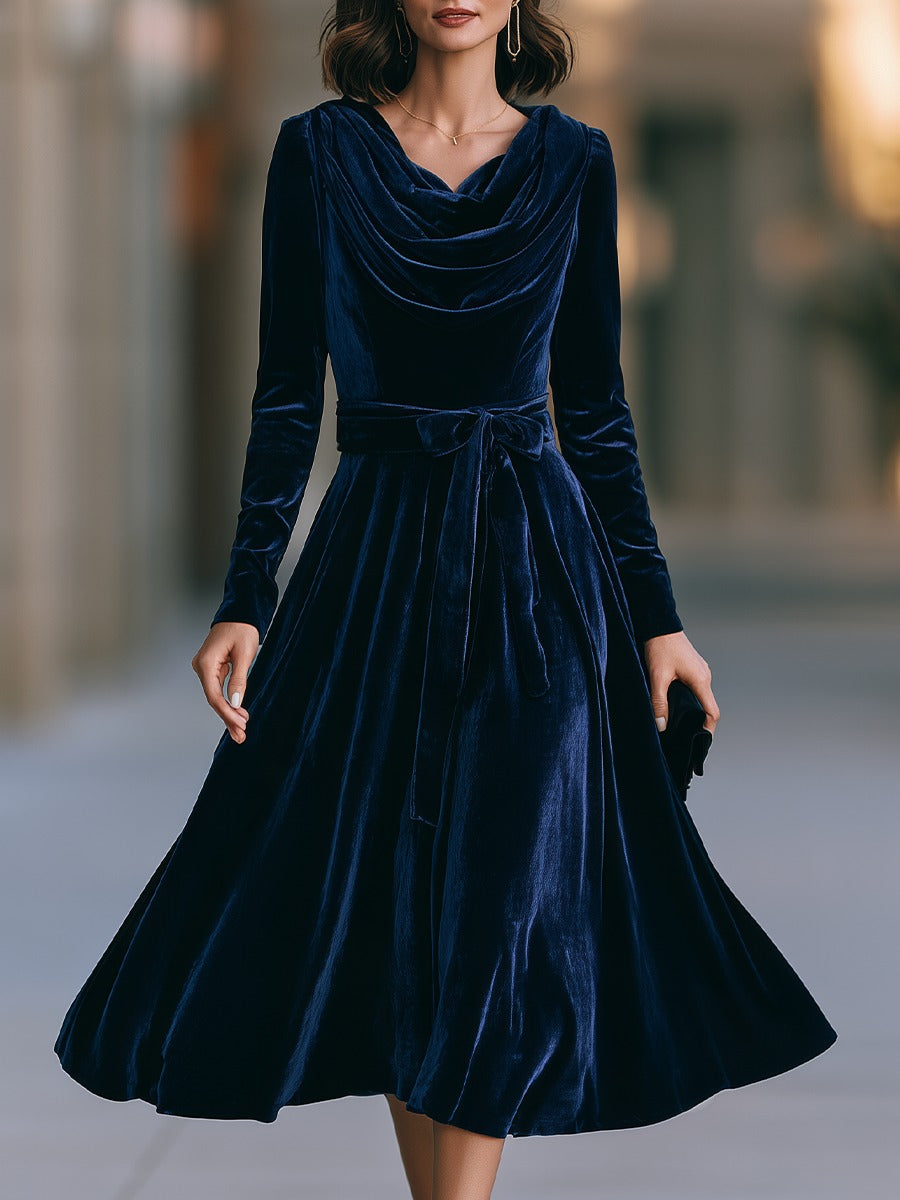 Cowl Neck Velvet Midi Dress with Tie Waist Belt