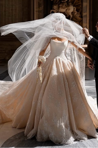 Embroidered Lace Ball Gown Wedding Dress with Cape