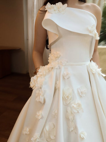 One-Shoulder Floral Applique Ball Gown