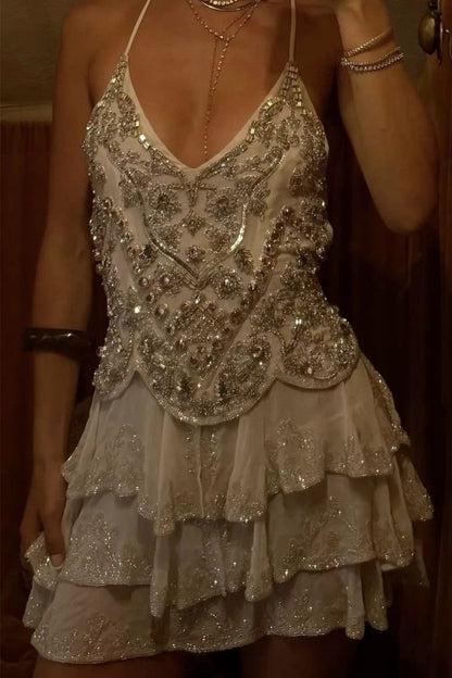 Beaded Tiered Ruffled Mini Dress with Open Back