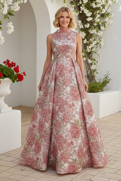 Floral Jacquard High-Neck A-Line Evening Gown