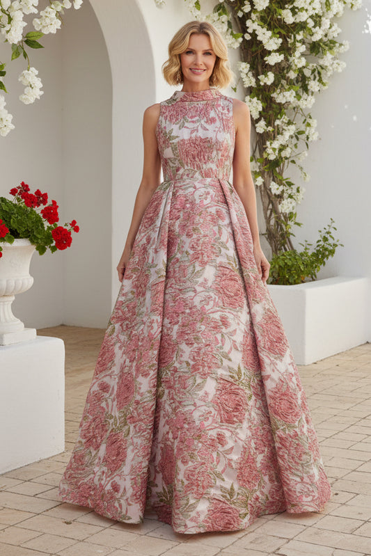 Floral Jacquard High-Neck A-Line Evening Gown