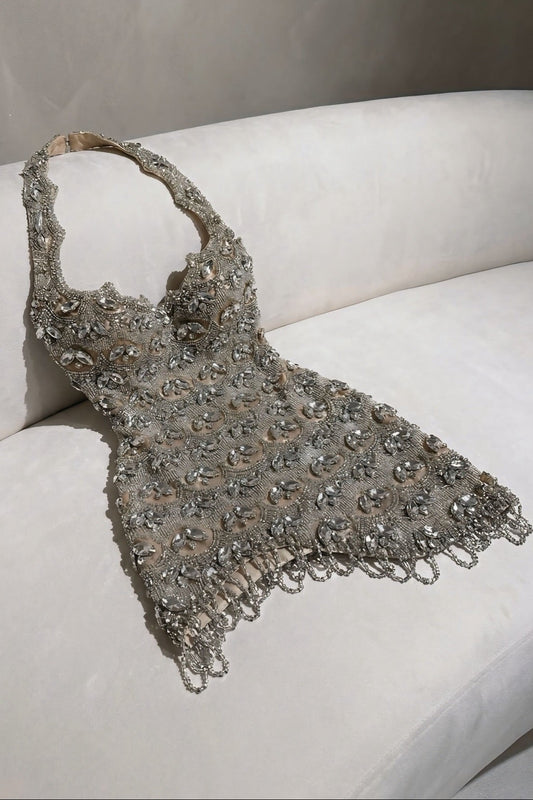 Halter Neck Beaded Fringe Mini Dress