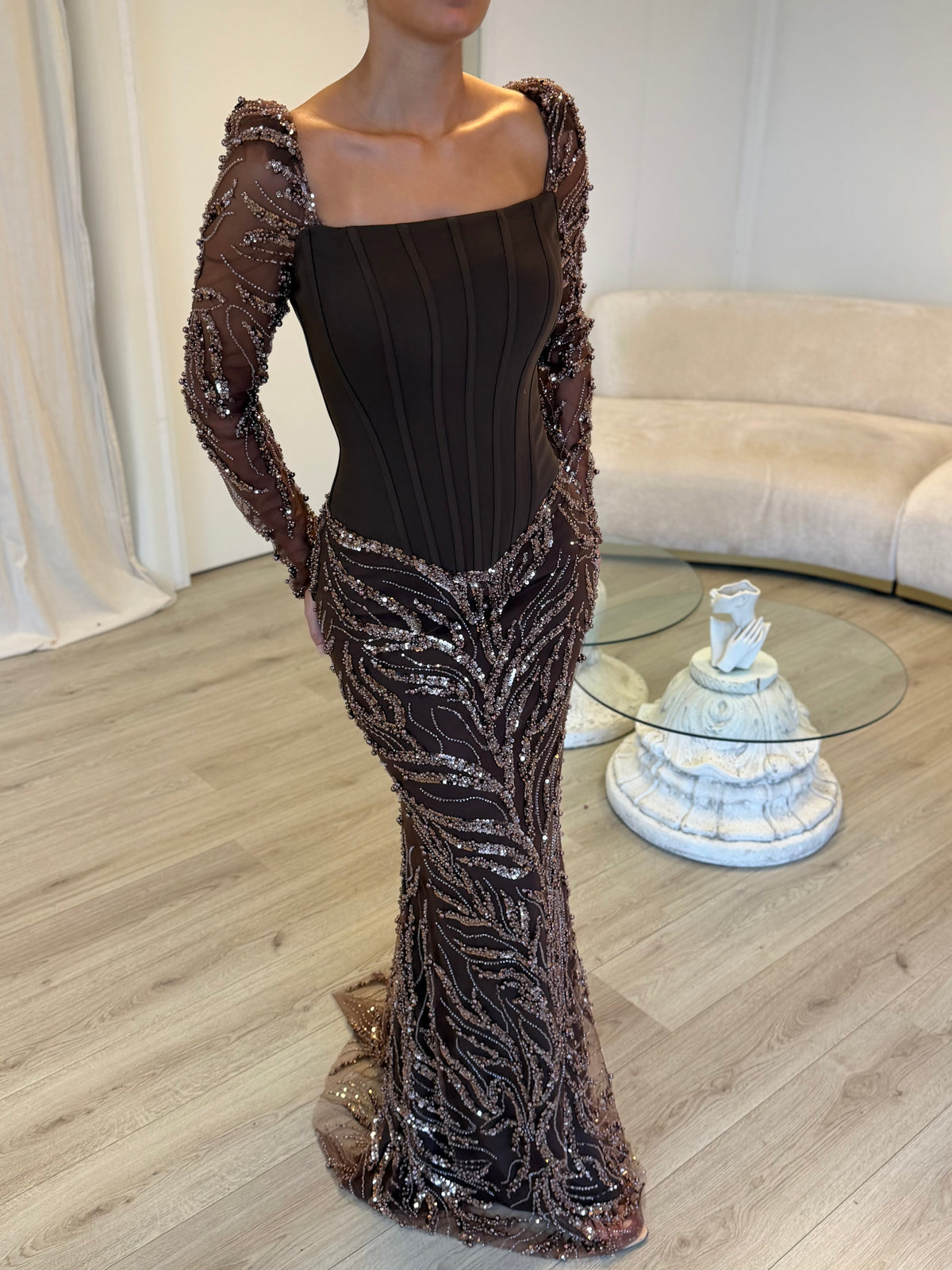 Corset Beaded Mermaid Gown with Long Sleeves