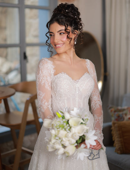 Glitter Lace Long Sleeve Corset Wedding Dress