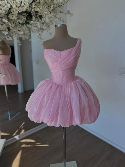 One-Shoulder Ruched Bubble Skirt Mini Dress