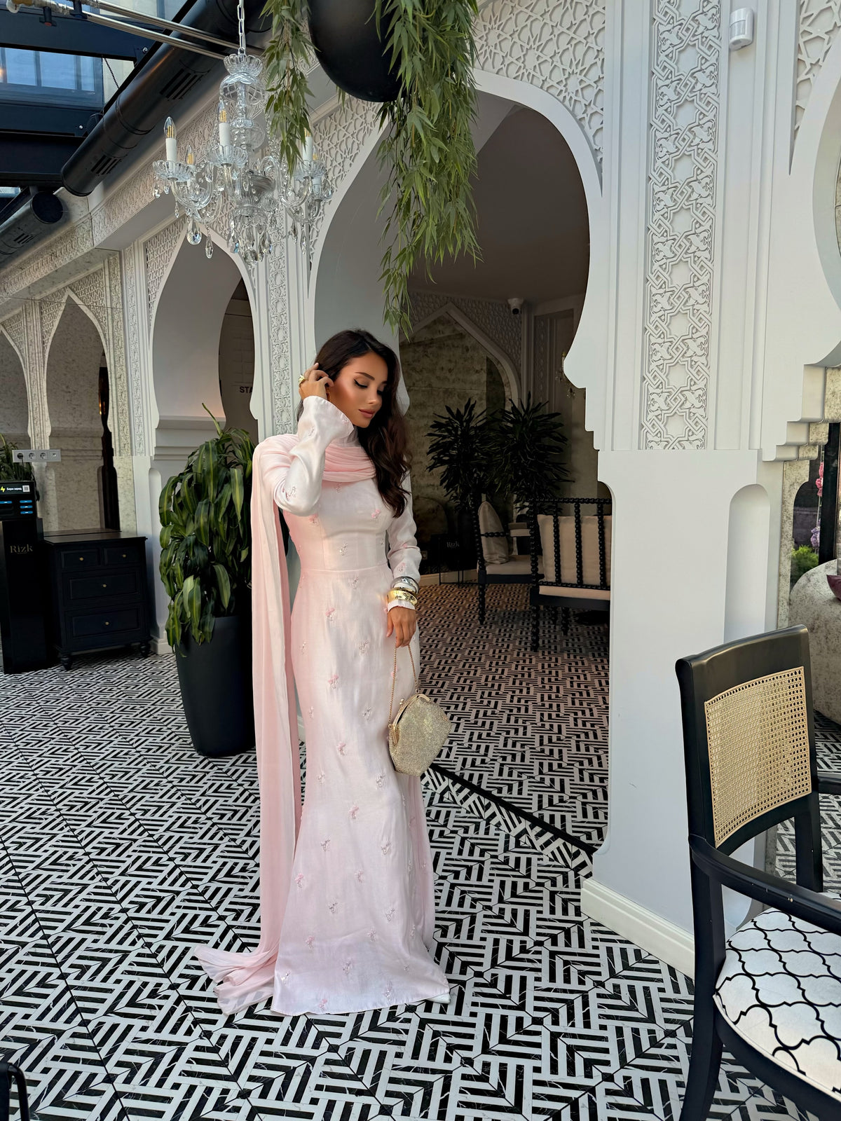 High Neck Long Sleeve Gown with Cape & Corset Back