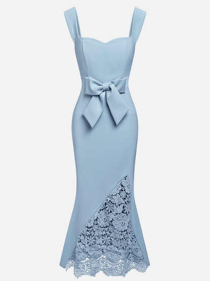 Bow Waist Lace Hem Midi Dress