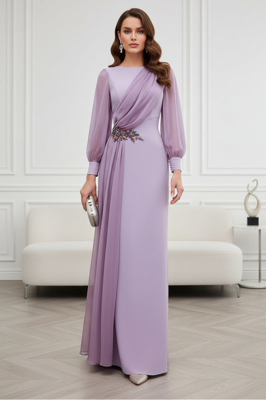 Bateau Neck Long Sleeve Draped Evening Gown