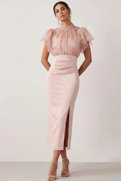 High Neck Sheer Bodice Midi Dress with Slit
