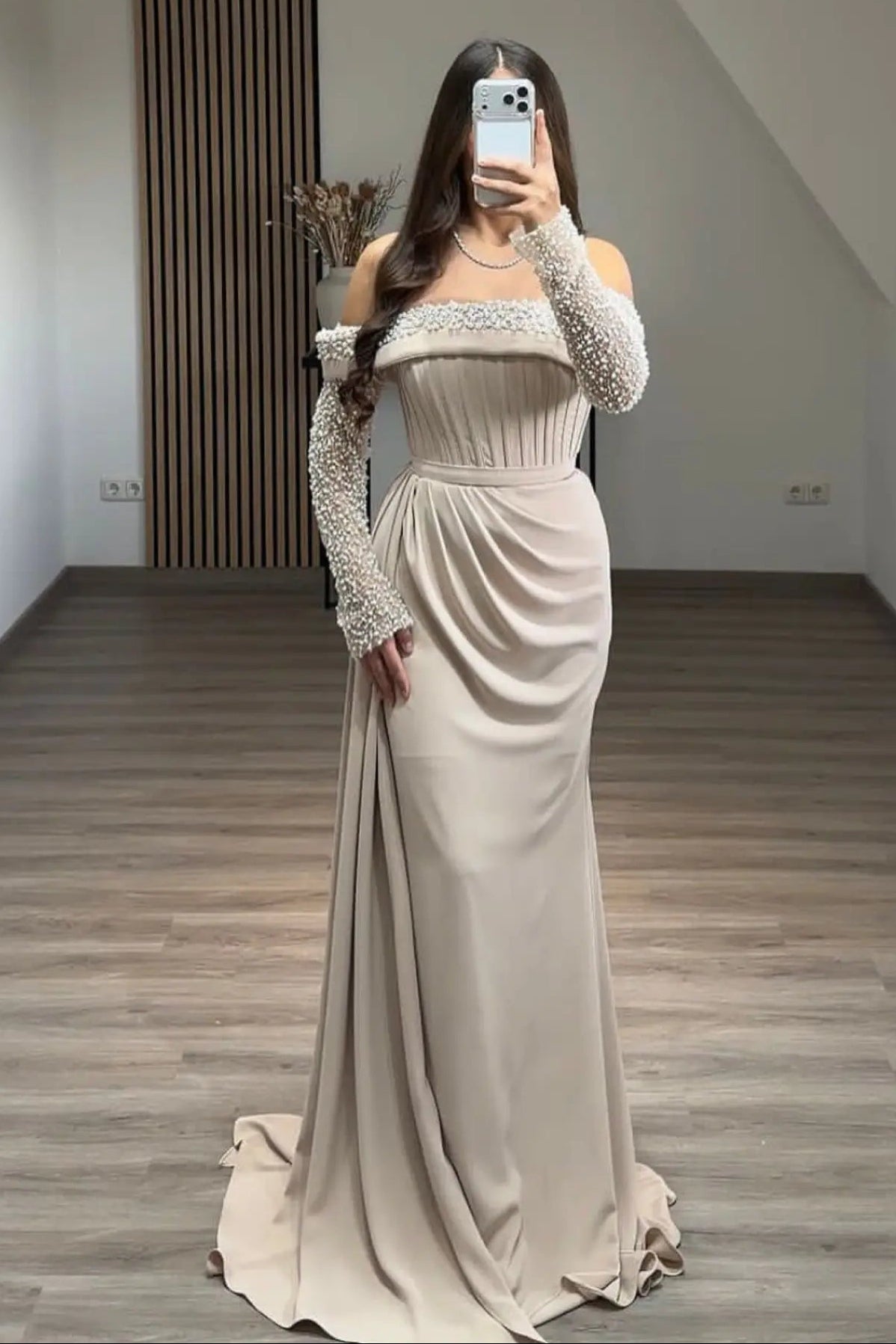 Off-the-Shoulder Pearl Sleeve Corset Evening Gown