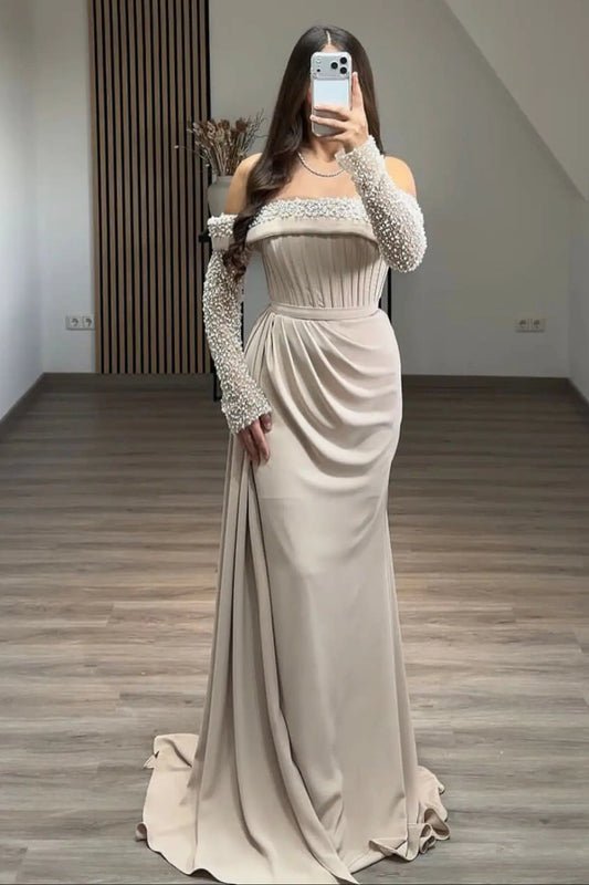 Off-the-Shoulder Pearl Sleeve Corset Evening Gown