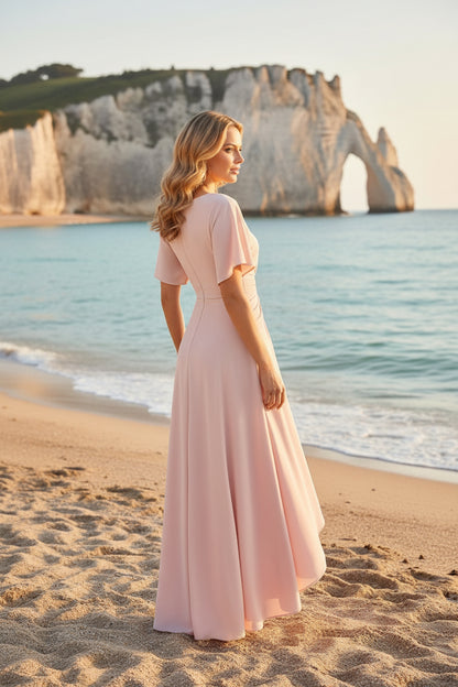 Flutter-Sleeve Dress with Ruched Waist and High-Low Hem