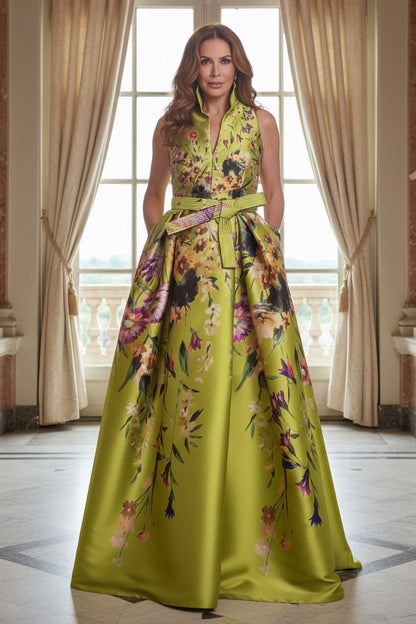 Floral Print Ball Gown with Belt and Pockets