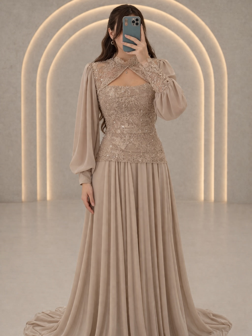 Lace Bodice Chiffon Evening Gown