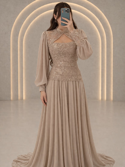 Lace Bodice Chiffon Evening Gown