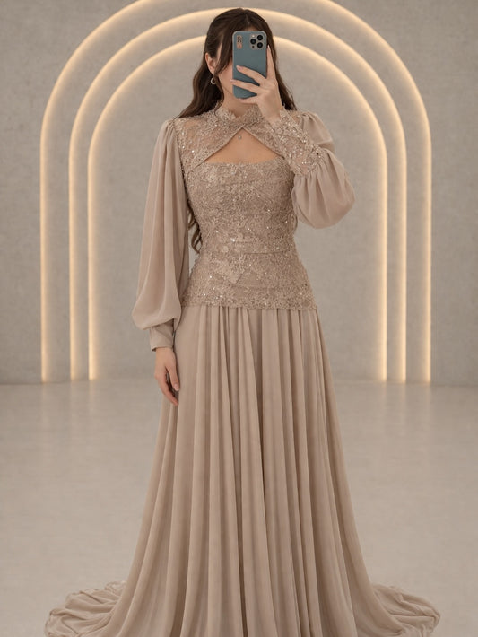 Lace Bodice Chiffon Evening Gown