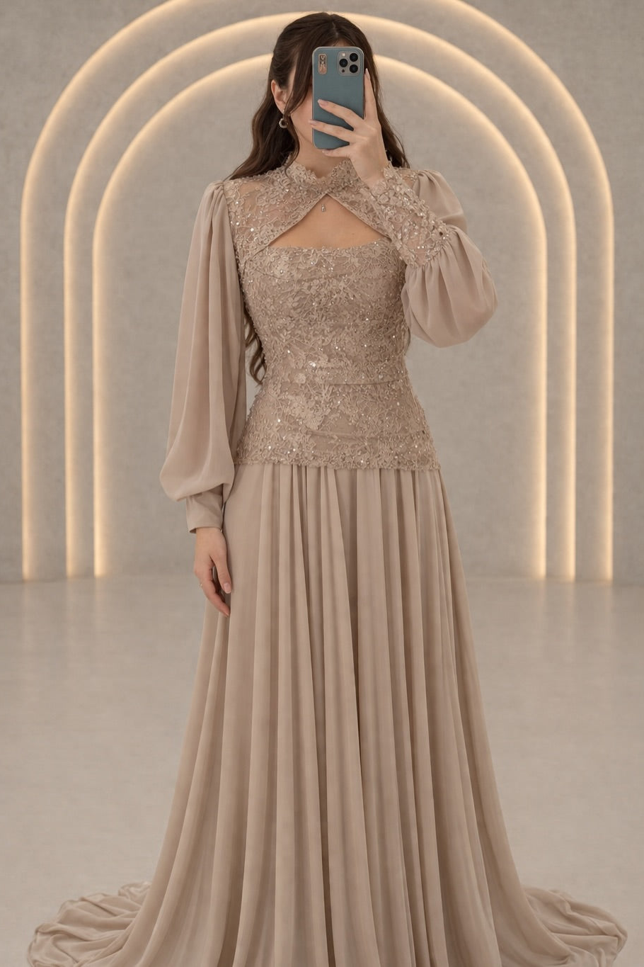 Lace Bodice Chiffon Evening Gown