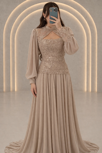 Lace Bodice Chiffon Evening Gown
