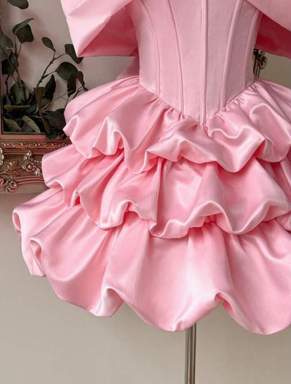 Off-Shoulder Satin Mini Ball Gown with Bows