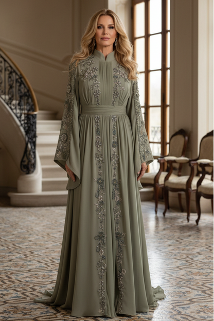 Embroidered Floral Kaftan Evening Gown with Long Sleeves